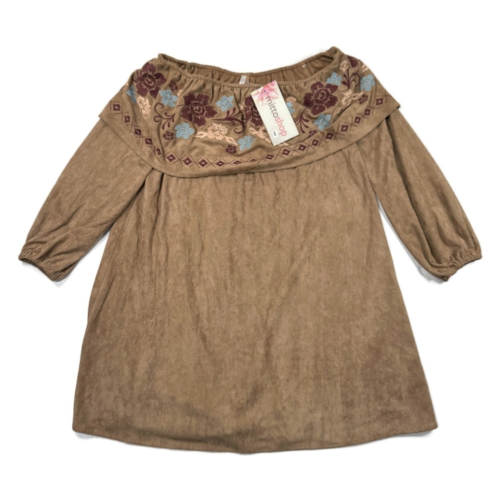 Mittoshop Tunic Suede Dress Womens Medium Embroidered Beige Pullover‎ Boho NWT